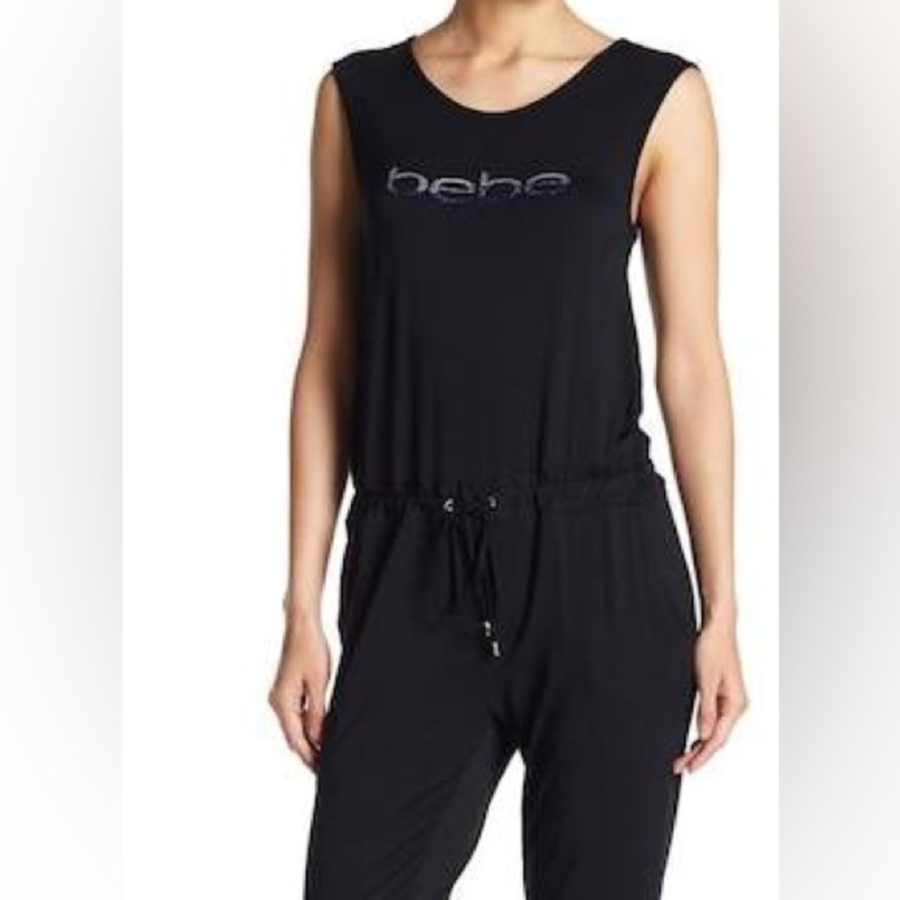 Bebe Y2K Logo Sleeveless Drawstring Waist Jumpsuit Jet Black Size Large L NWT